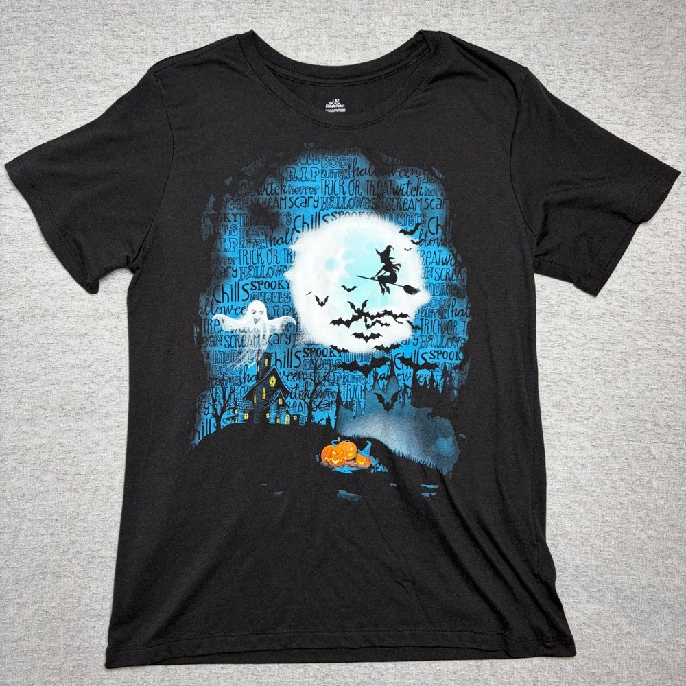 Way To Celebrate Kids Halloween Shirt M 8-10 Black Witch Moon Ghost Spooky Tee